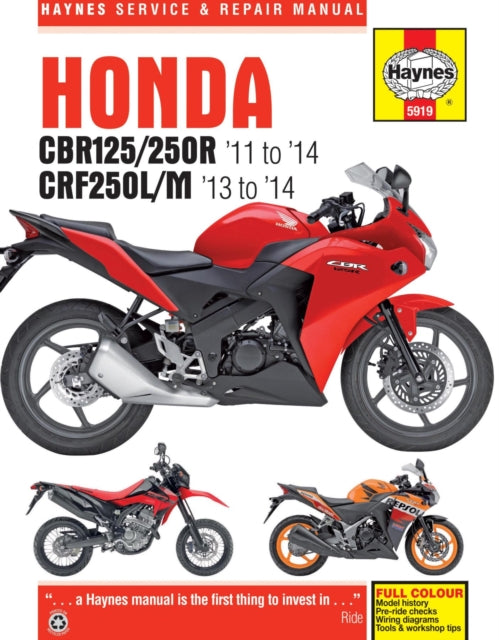 Book cover of: Honda CBR125R, CBR250R, CBR300R, CB300F & CRF250 (11-18). By: Editors of Haynes Manuals