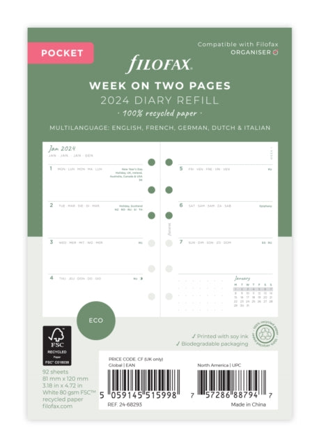 Filofax Pocket Eco Week On Two Pages 2024 Diary With Tabs