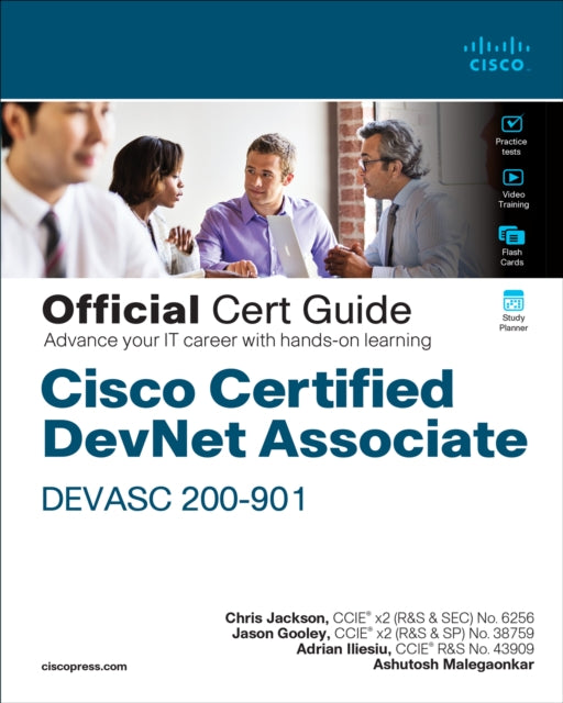 Book cover of: Cisco Certified DevNet Associate DEVASC 200-901 Official Cert Guide. By: MALEGAONKAR, ASHUTOS