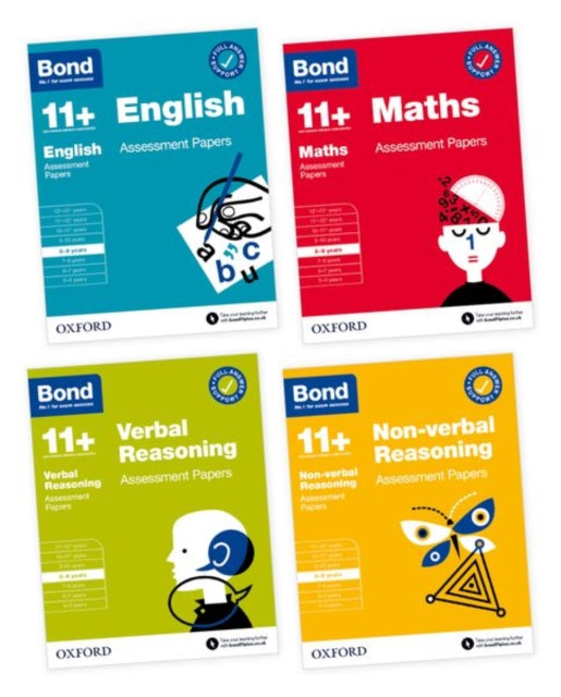 Book cover of: Bond 11+ Assessment Papers 8-9 years Bundle: English, Maths, Non-verbal Reasoning, Verbal Reasoning (for GL Assessment & other 11 plus exams). By: Oxford Editor