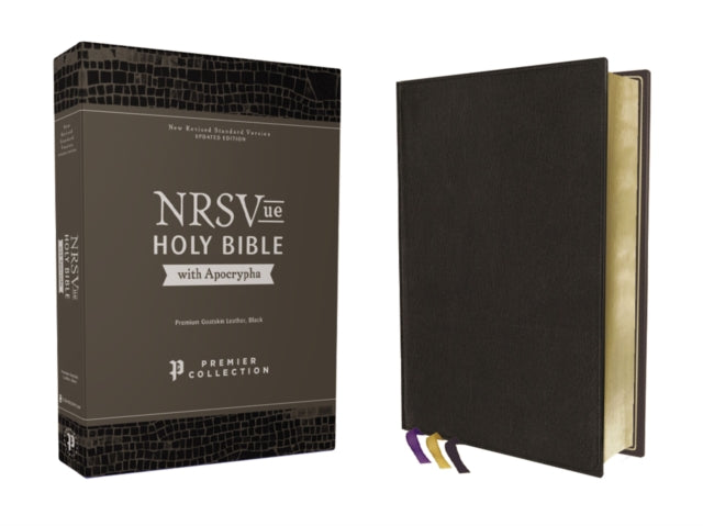 Book cover of: NRSVue, Holy Bible with Apocrypha, Premium Goatskin Leather, Black, Premier Collection, Art Gilded Edges, Comfort Print. By: Zondervan Publishing Company