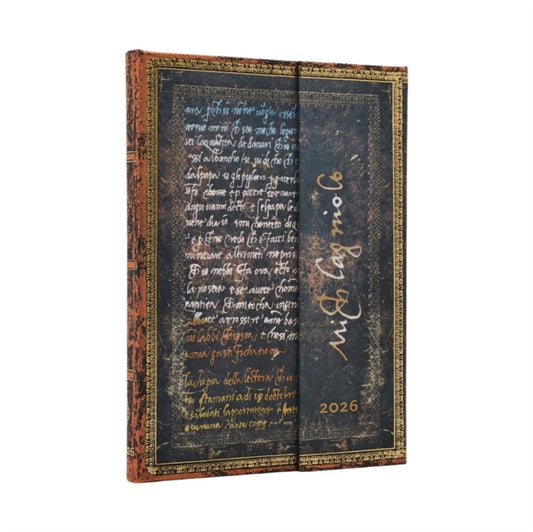Book cover of: 2026 Michelangelo, Handwriting (Embellished Manuscripts Collection) Midi 12-month Horizontal Hardcover Flexi Dayplanner 2026 (Wrap Closure). By: Paperblanks