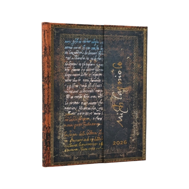 Book cover of: 2026 Michelangelo, Handwriting (Embellished Manuscripts Collection) Ultra 12-month Vertical Hardcover Flexi Dayplanner 2026 (Wrap Closure). By: Paperblanks