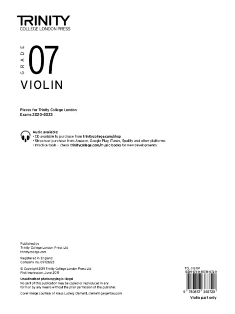Book cover of: Trinity College London Violin Exam Pieces From 2020: Grade 7 (part only). By: Trinity College London