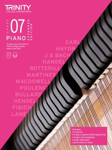 Book cover of: Trinity College London Piano Exam Pieces Plus Exercises From 2021: Grade 7 - Extended Edition. By: Trinity College London Press
