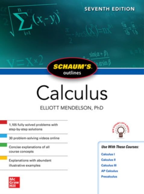 Book cover of: Schaum's Outline of Calculus, Seventh Edition. By: Elliott Mendelson