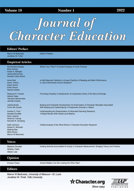 Book cover of: Journal of Character Education Vol 18 Issue 1