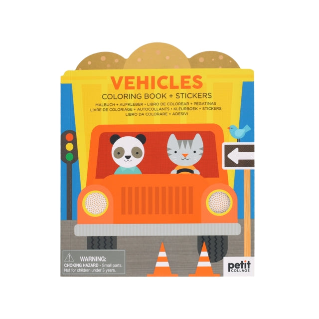 Book cover of: Vehicles Coloring Book + Stickers. By: Petit Collage