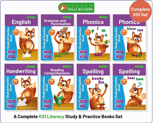 Book cover of: Complete Key Stage 1 Literacy Study & Practice Books - 8-book bundle! English, Phonics, Spelling, Handwriting, Reading Comprehension for AGES 4 - 7