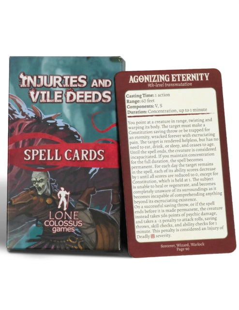 Book cover of: Injuries and Vile Deeds Spell Cards. By: Lone Colossus Games